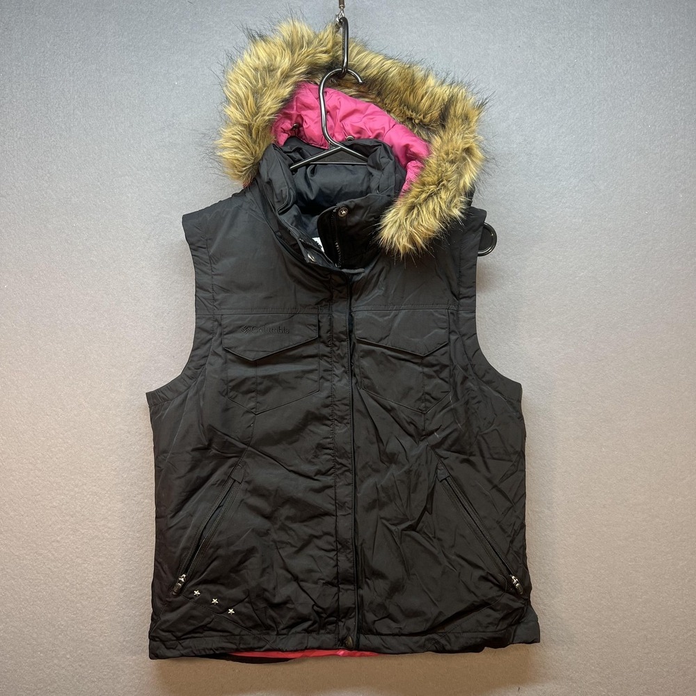 Columbia Vest Womens Large Black Hooded Fur Trim Puffer Insulated Full Zip